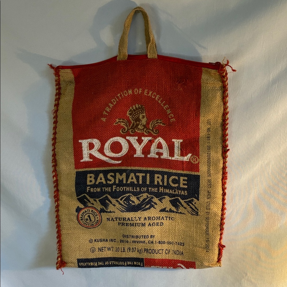 Royal Basmati Rice burlap bag with handles/zip empty farmhouse decor market bag